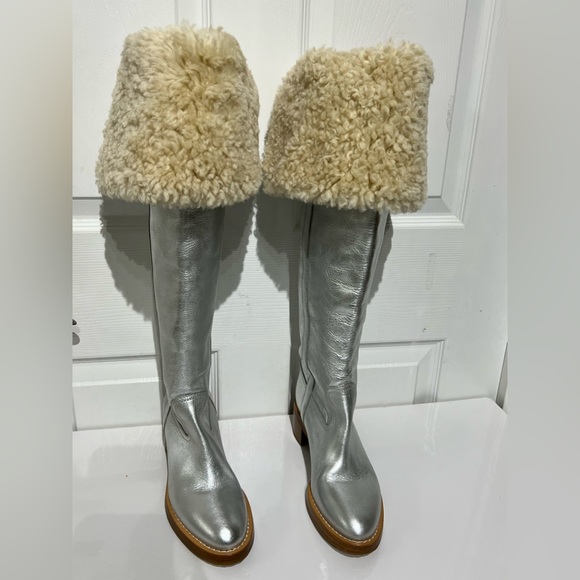 Celine 2019 Folco  Shearling Over-the-knee Boots  - Silver size 37.5 - Picture 9 of 15
